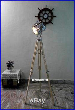 Vintage Spotlight Floor lamp with Wooden Tripod Chrome Finish Spot Light