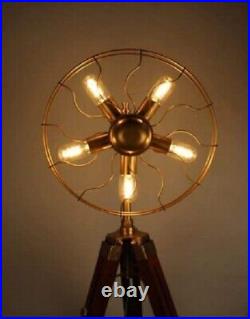 Vintage Style Fan 5 Light Brass Floor Lamp With Wooden Adjustable Tripod Stand