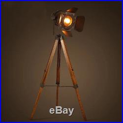 Vintage Tripod Floor Lamp, Nautical Retro Spotlight, Industrial Decor Wooden Light
