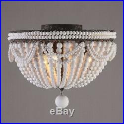 Vintage White Wood Bead Flush Mount Ceiling Light 3-Light Dome Shaped Chandelier