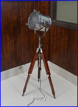 Vintage industrial DESIGNER Chrome Nautical SPOT LIGHT Tripod Floor LAMP