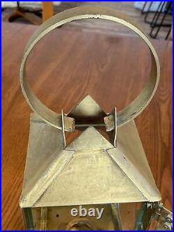 Vtg 14.5 Tall Ships Handled Decor Nautical Candle Lantern Light Glass & Brass