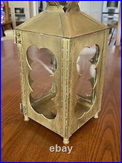 Vtg 14.5 Tall Ships Handled Decor Nautical Candle Lantern Light Glass & Brass