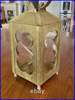 Vtg 14.5 Tall Ships Handled Decor Nautical Candle Lantern Light Glass & Brass