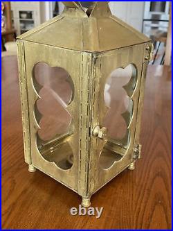 Vtg 14.5 Tall Ships Handled Decor Nautical Candle Lantern Light Glass & Brass