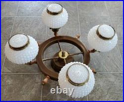 Vtg 21 Nautical Ships Wheel Ceiling Light Chandelier Lamp Fixture Hobnail Shade
