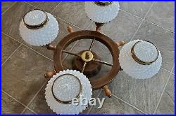 Vtg 21 Nautical Ships Wheel Ceiling Light Chandelier Lamp Fixture Hobnail Shade