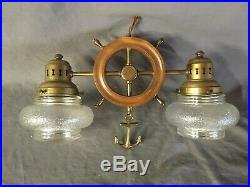 Vtg Brass Wood Maritime Nautical Ships Wheel Ceiling Light Fixture Retro 29-20E