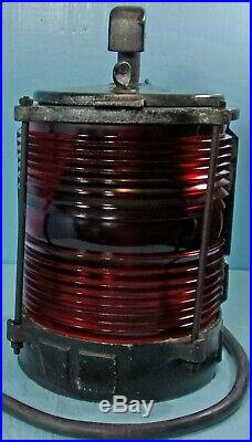 Vtg. Marine Navigation Light Fixture Red Fresnel Glass Lens