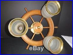 Vtg Mid Century Ceiling Mount Wooden Ships Wheel Light Fixture Nautical