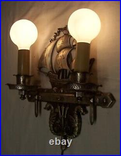 Vtg Nautical Sconce Antique Light Fixture Brass Nickel Ship Serpent Rewired #B9