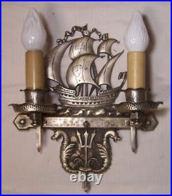 Vtg Nautical Sconce Antique Light Fixture Brass Nickel Ship Serpent Rewired #B9