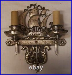 Vtg Nautical Sconce Antique Light Fixture Brass Nickel Ship Serpent Rewired #B9