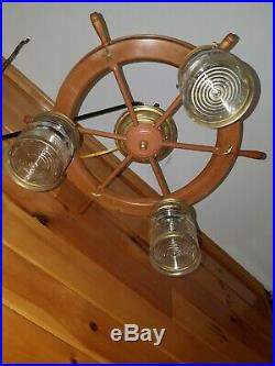 Vtg Nautical Ships Wheel Metal Ceiling Mount 3 Light Fixture Chandelier