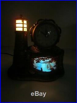Vtg United Electric Clock Motion Lamp Light Lighthouse Nautical Sailboats Brass