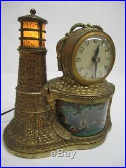 Vtg United Electric Clock Motion Lamp Light Lighthouse Nautical Sailboats Brass
