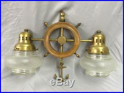 Vtg Wood Brass Nautical Ships WHeel Anchor Ceiling Light Fixture Old 44-18E