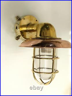 Wall Mount Vintage Brass Nautical Swan Light with Copper Shade & Junction Box