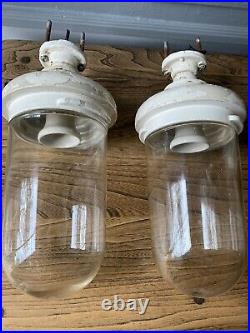 X2 Vintage Benjamin Vitrified Ceramic/glass Nautical Gantry Lights Cast Iron Top